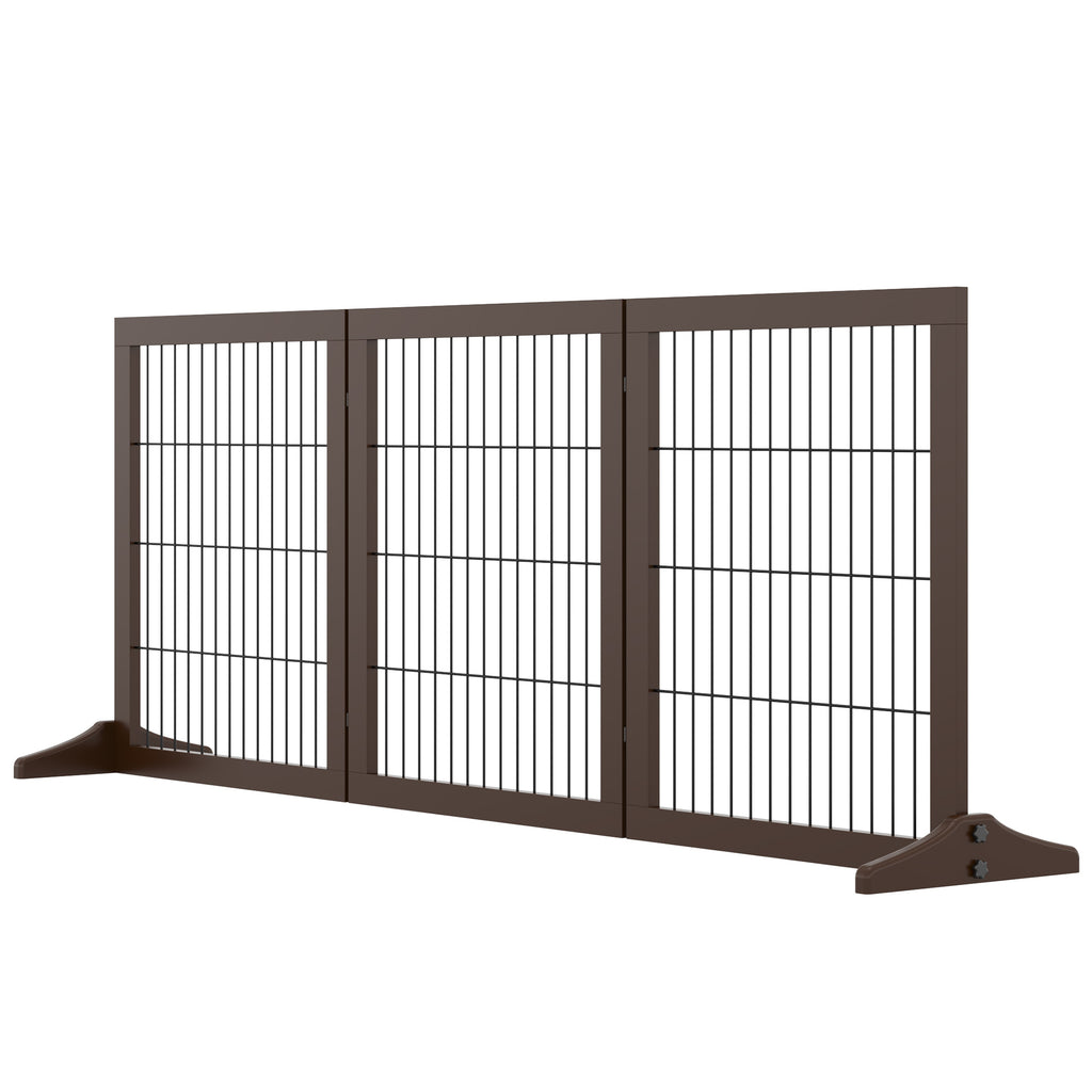 Freestanding Dog Gate 3 Panel Safety Pet Barrier Foldable w/ Support Feet Brown 185 x71 cm