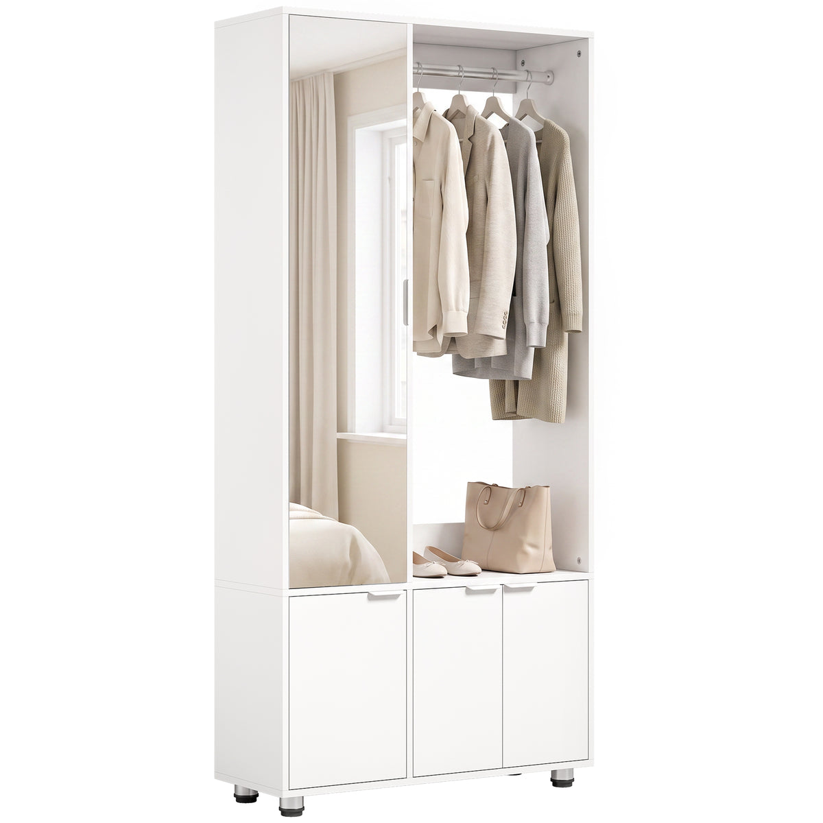 Kleiderschrank mit Spiegel, schmaler moderner Garderobenschrank mit Kleiderstange und Ablagefächern, Weiß