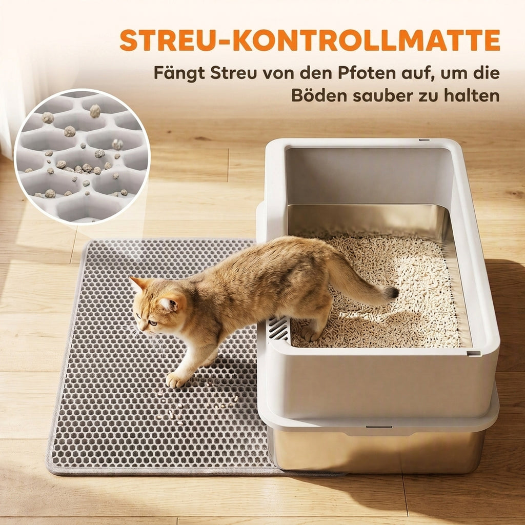 Katzentoilette XL Edelstahl mit Deckel, hohe Seitenwände Hellgrau