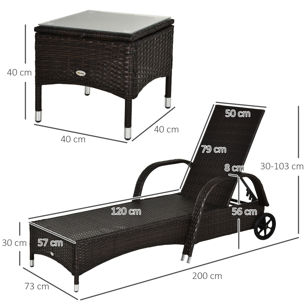 3er-Sonnenliegen-Set, 2x Gartenliege mit Beistelltisch, inkl. Liegeauflagen, Polyrattan, Braun+Cremeweiß