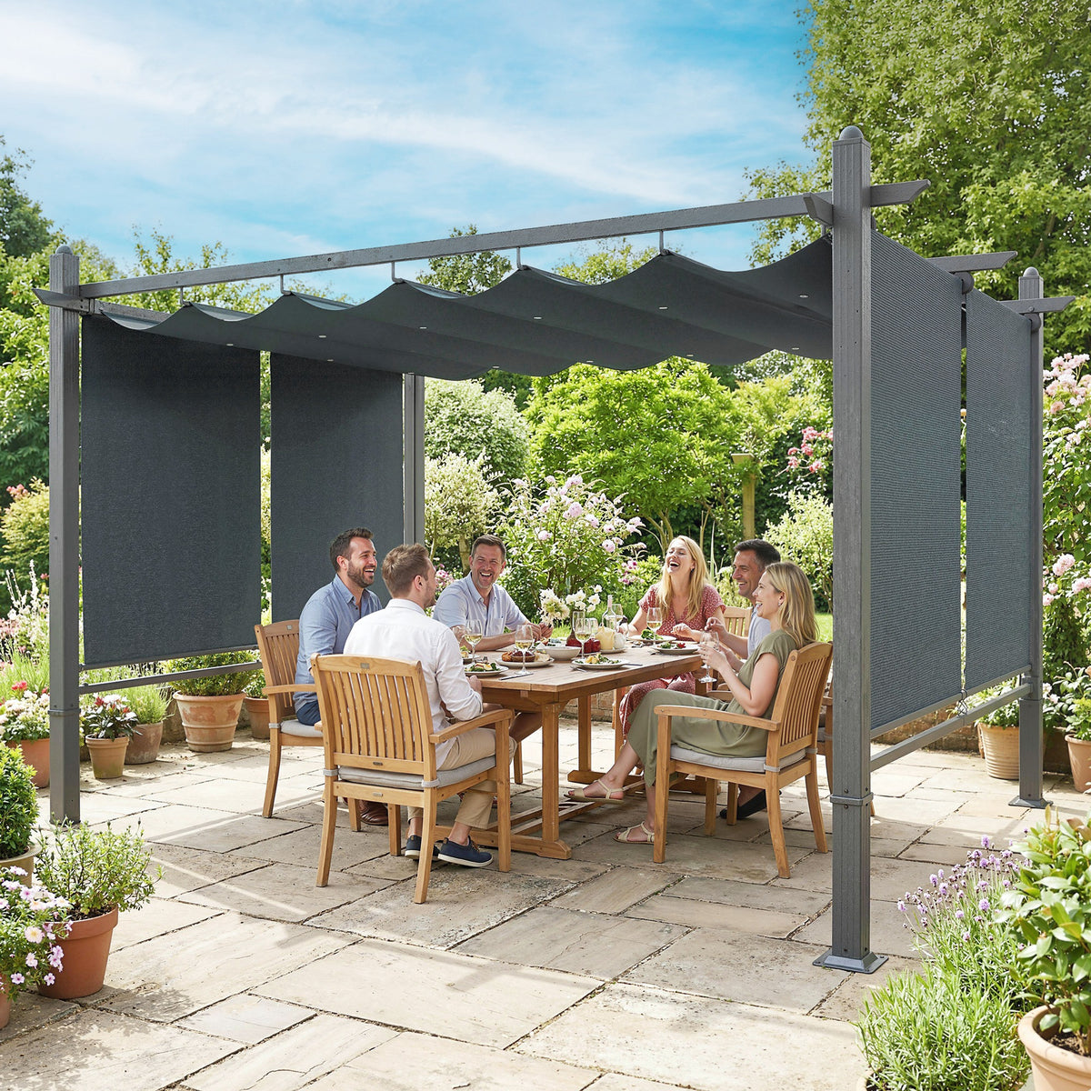 Pergola 3 x 4 m Terrassenüberdachung mit Schiebedach, automatisch einziehbaren Rollos, UV50+ Aluminiumrahmen