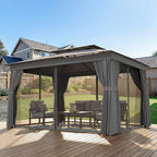 Pavillon 3,8x3m Wasserabweisend Stabil Winterfest Gartenpavillon mit Doppeldach Vorhänge Moskitonetz Haken Dunkelgrau