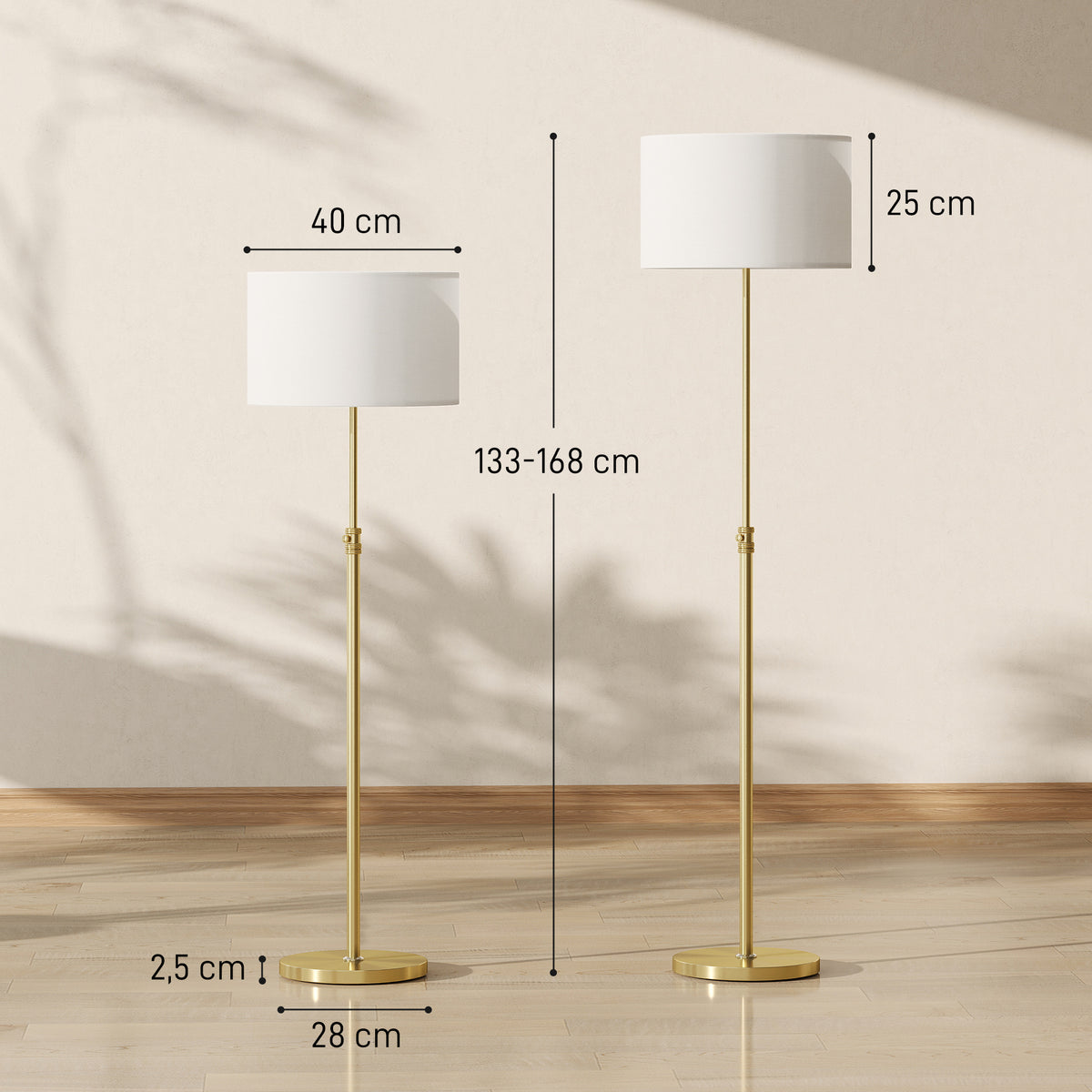 Stehlampe mit Fernbedienung, höhenverstellbar, Stoffschirm, Metallständer, anpassbare Helligkeit, Fußschalter, Goldfarben