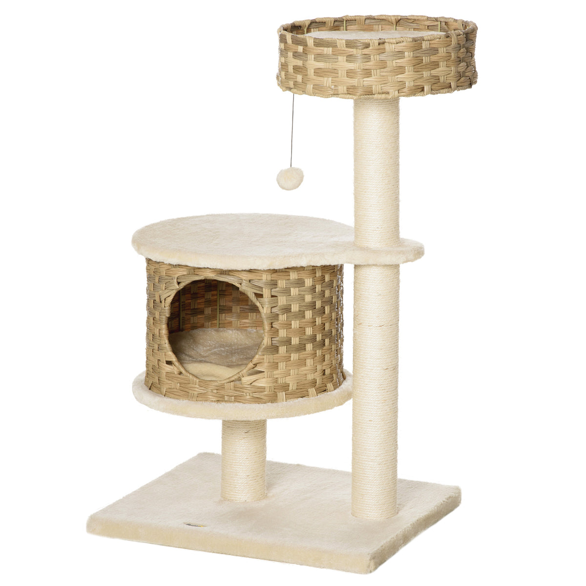  Kratzbaum 95 cm Katzenturm mit Höhle, Spielball, Sisalstämme, große Plattform, mehrstöckiger Katzenkratzbaum, Kletterbaum, für Katzen unter 5 kg, Natur+Beige