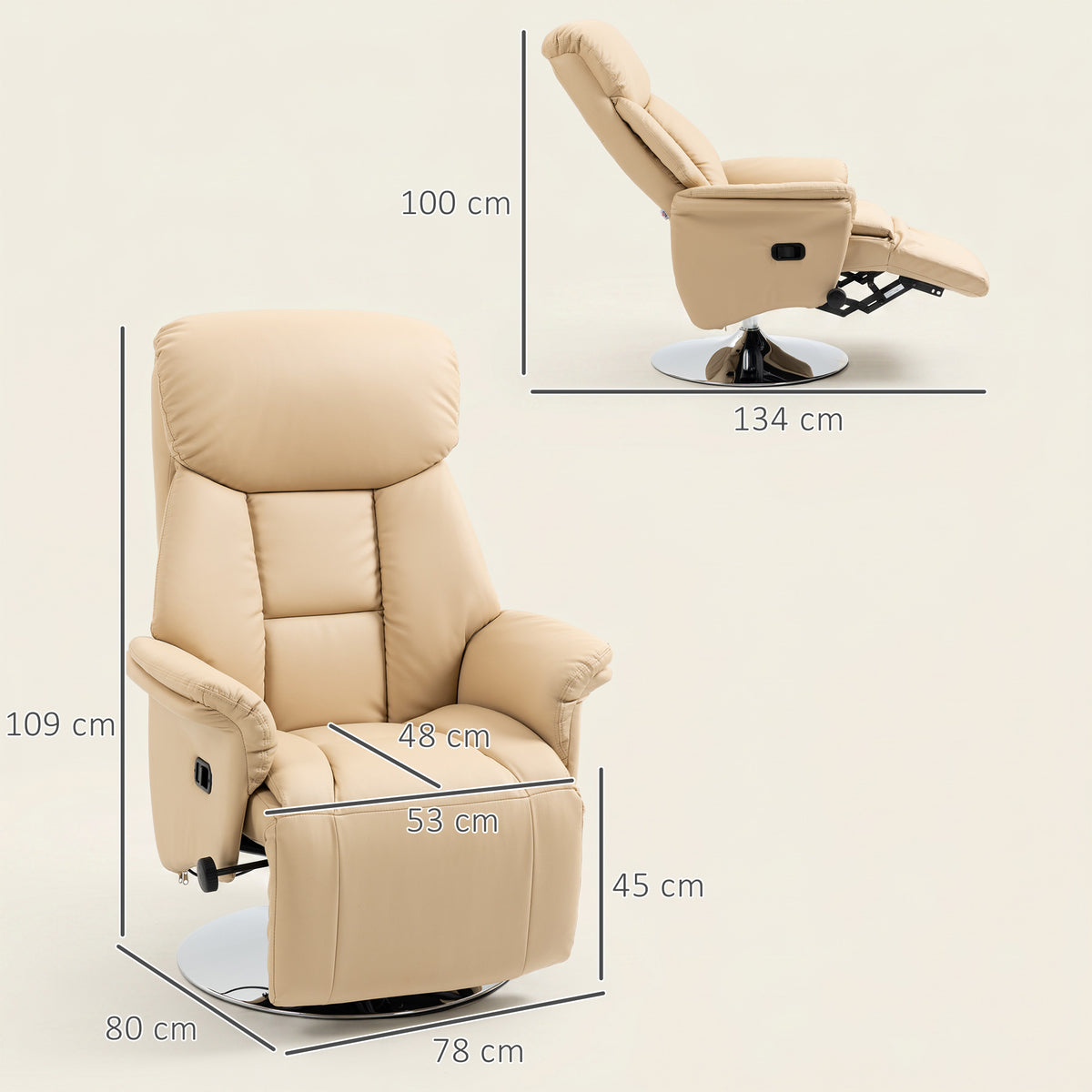 Relaxsessel, Liegefunktion, Lederoptik, Fu?st¨¹tze, bis 150 kg, 78 x 80 x 109 cm, Beige