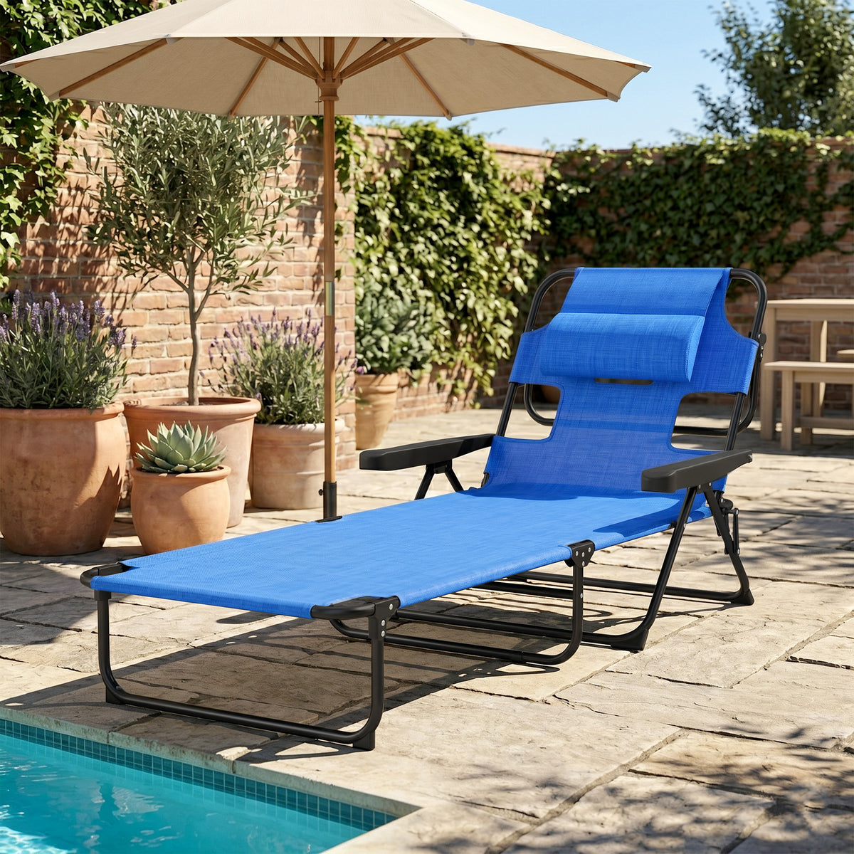 Sonnenliege Gartenliegen Relaxliege, klappbar, wetterbest?ndig, 194 cm x 72 cm x 31 cm, Schwarz + Dunkelblau