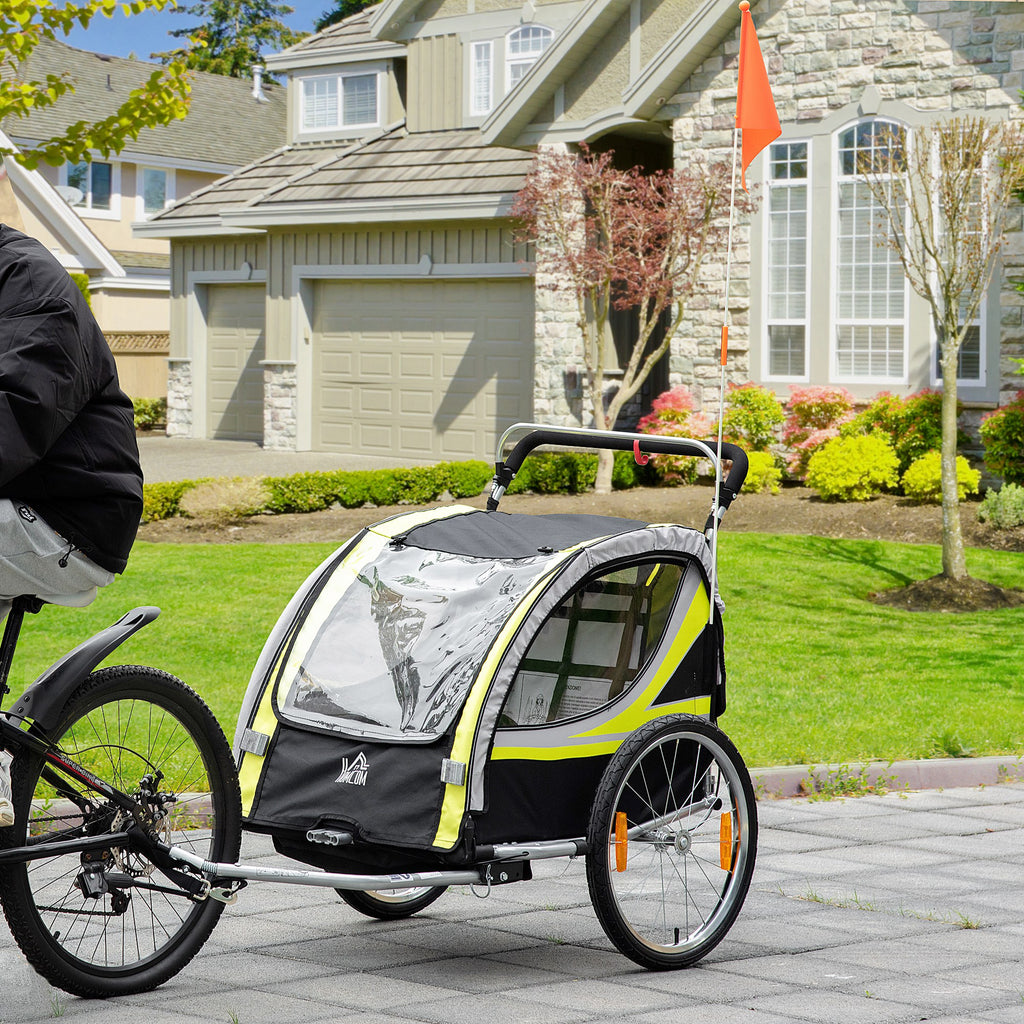 2-in-1 Fahrradanhänger für 2 Kinder, Schiebefunktion, Regenschutz, Bremse, Gelb