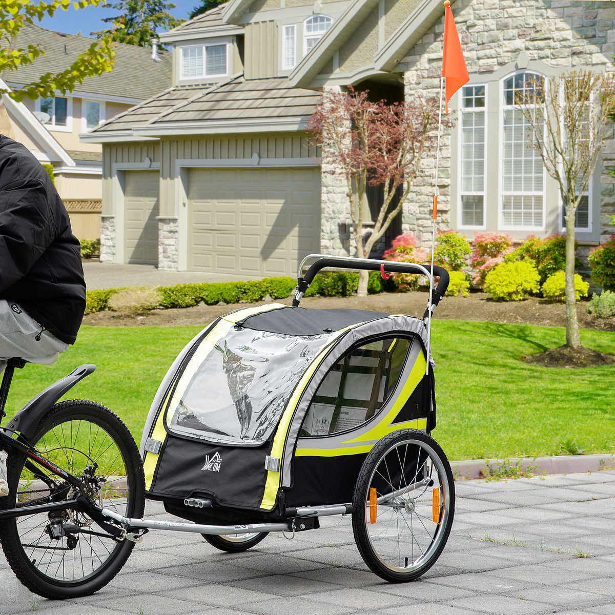 2-in-1 Fahrradanhänger für 2 Kinder, Schiebefunktion, Regenschutz, Bremse, Gelb