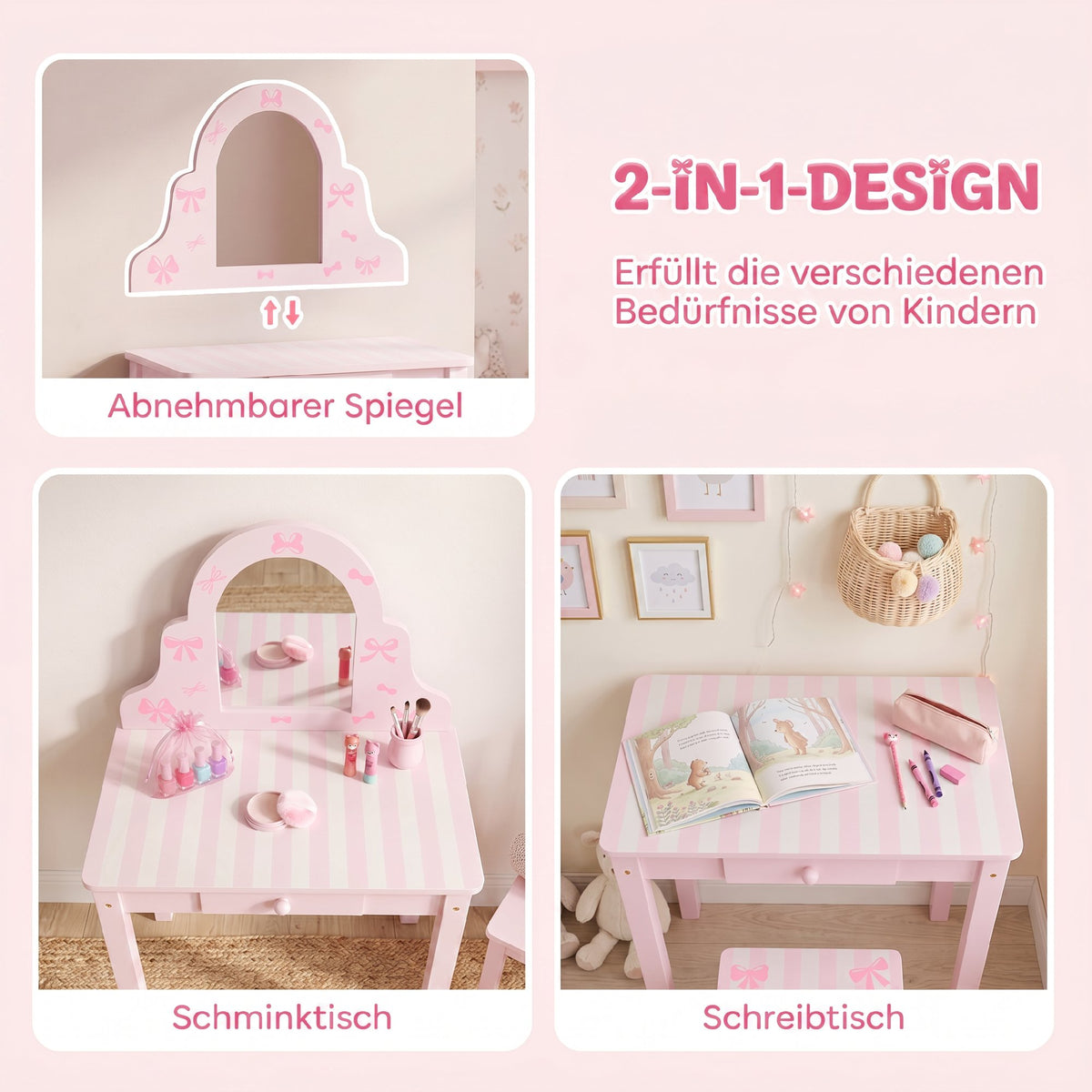 Kinder Schminktisch Set 2 in 1 mit Hocker für Mädchen 3-6 Rosa
