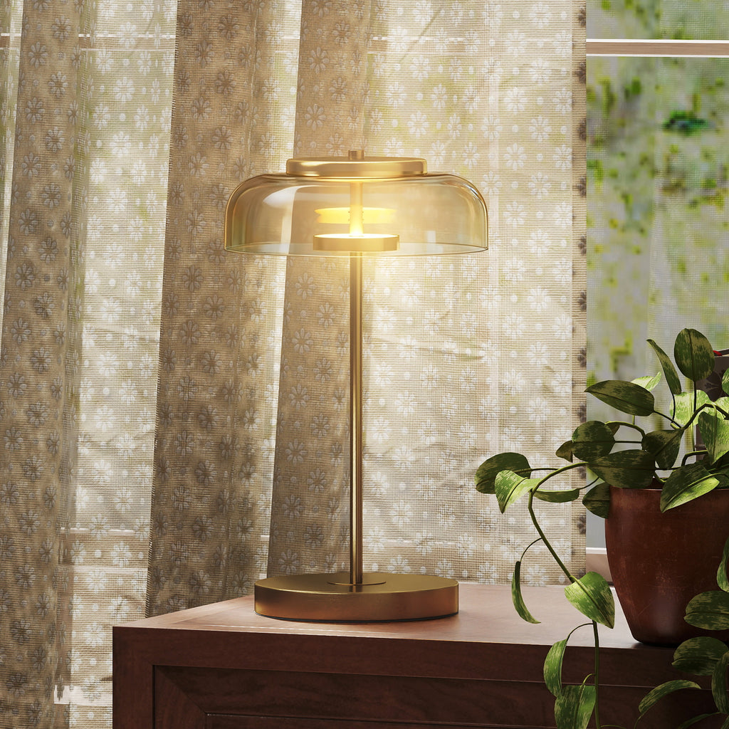 Tischlampe Tischleuchte mit warmem LED-Licht, Metallsockel, bernsteinfarbenem Glasschirm, Ø23 x 40H cm, Gold