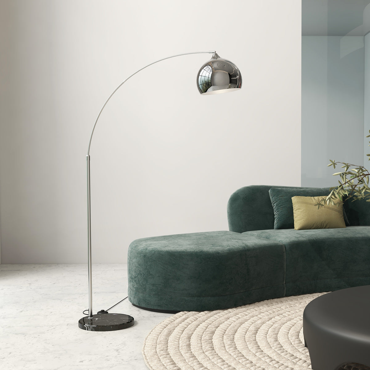 Bogenleuchte, Stehlampe, höhenverstellbar, Fußschalter, Sockel in Marmoroptik, 170-180cm, Silber/Schwarz