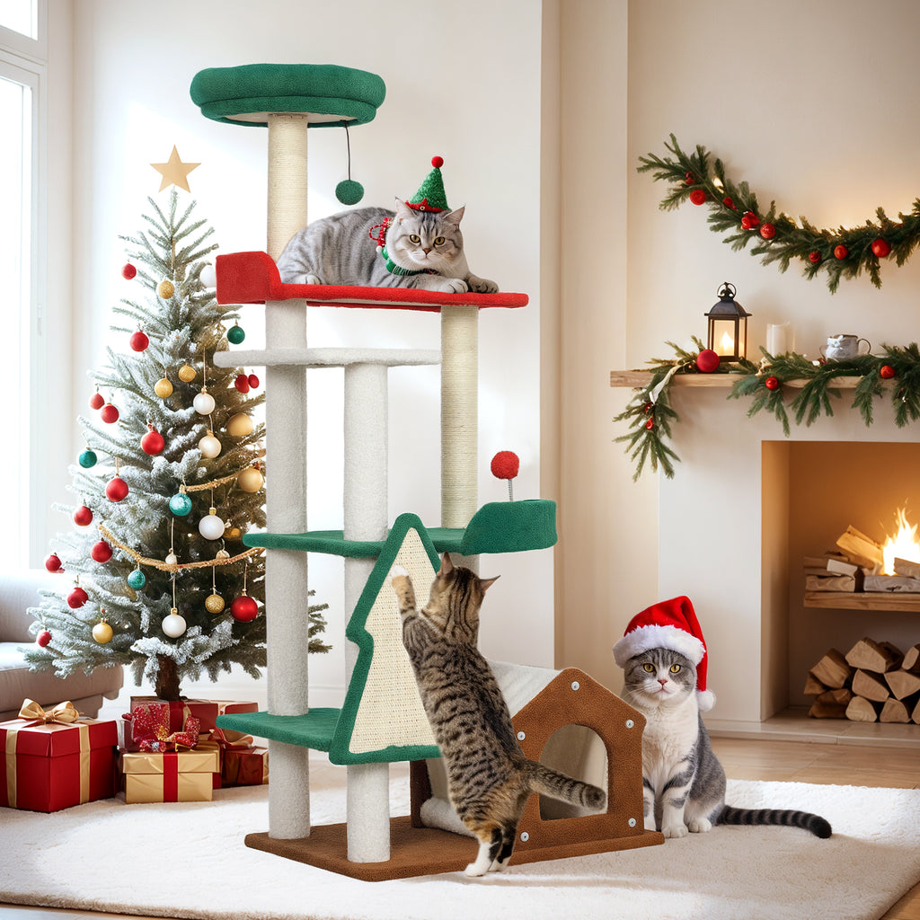 135 cm Katzenkratzbaum in Weihnachtsfarben mit Katzenbett, Katzenhaus, Kratzpfosten, Sprungplattformen, Spielzeugbällen