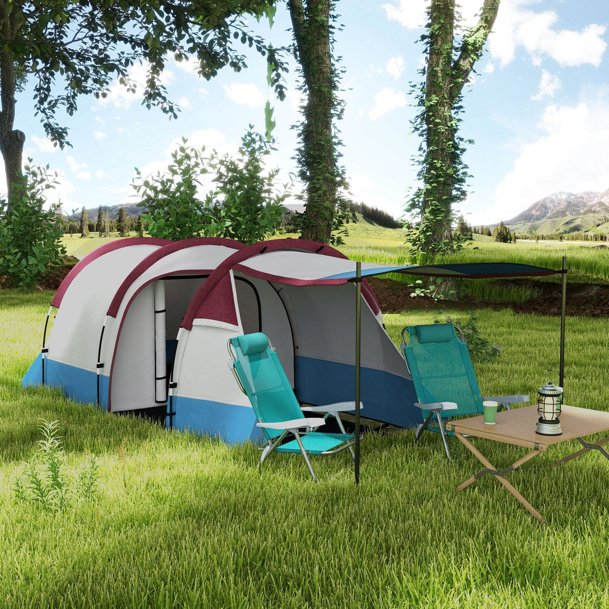 Two Man Two-Room Tent, with Porch and Accessories - Red
