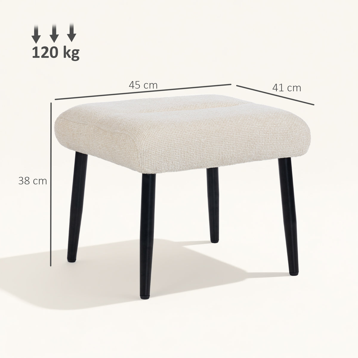 Sitzhocker Hocker mit weichem Sitzkissen Stahlbeinen Fu?hocker mit Chenille-Stoff, 45 x 41 x 38 cm, Cremewei?