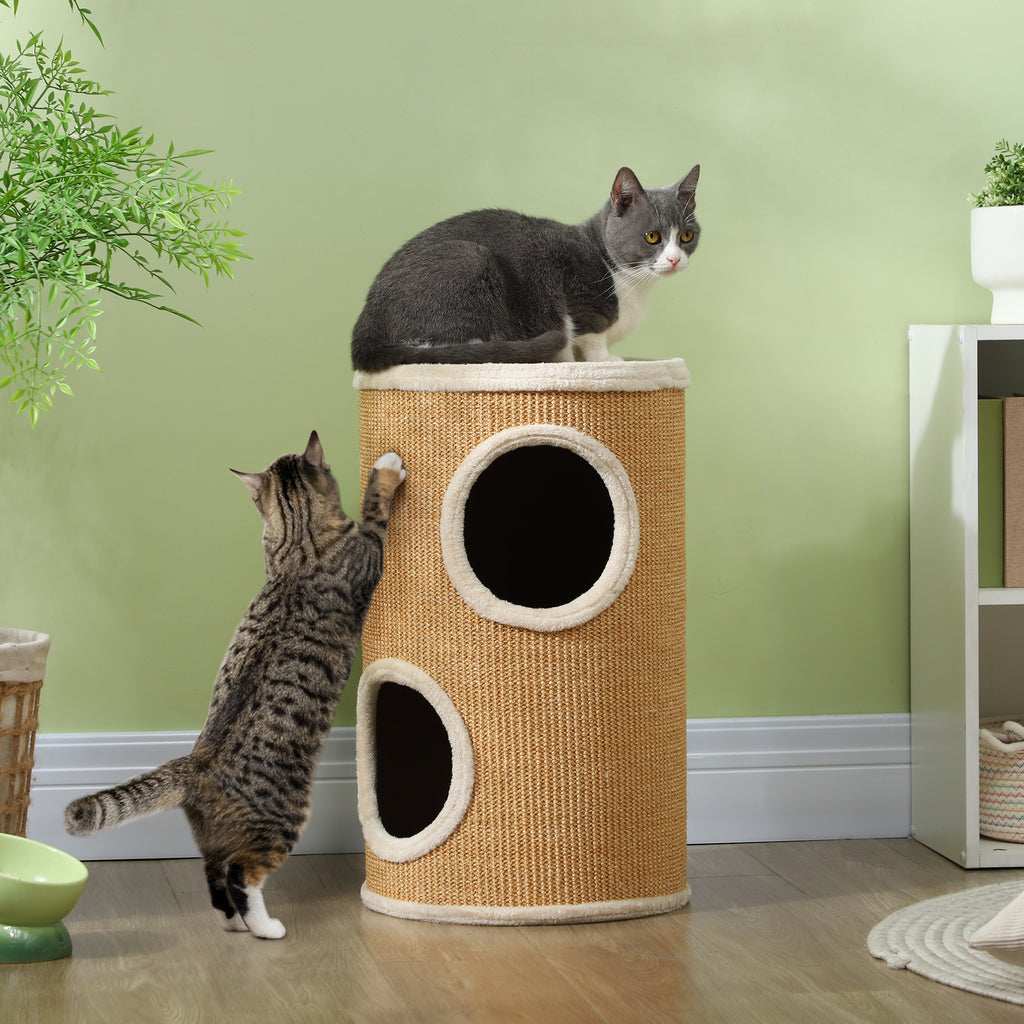 Katzenbaum mit viel Platz, Plüschbezug, Sisal-Oberfläche, Φ35 x 60H cm, Braun-Beige, 10 kg
