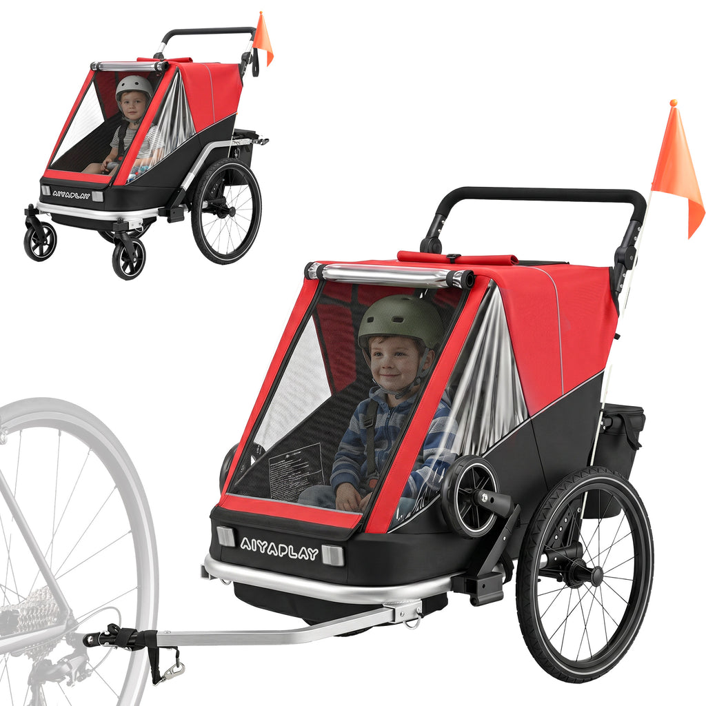 Fahrradanhänger für Kinder, 2-Sitzer, 2-in-1 faltbarer Kinderfahrradanhänger mit verstellbarem Sitz und Gurten, Rot