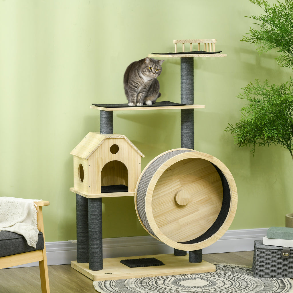 Katzenbaum mit Laufrad 4-Stock Kratzbaum Katzenhaus mit Sisalsäulen Katzenhöhle Kiefernholz Natur 80 x 50 x 143 cm