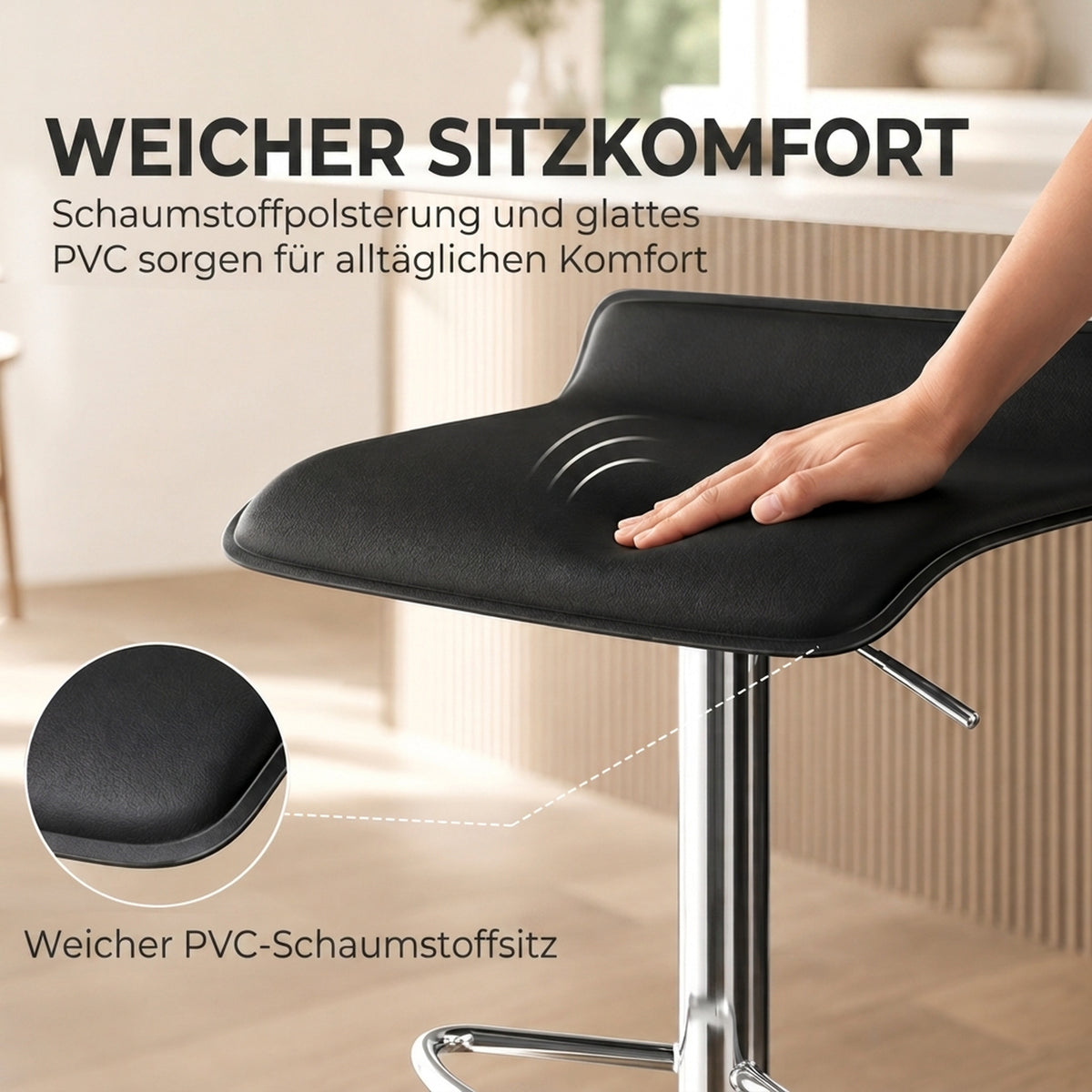 Barhocker 360° Drehbar Barstuhl mit Silber-Stahlgestell, Höhenverstellbar Küchenstuhl mit Fußstütze, Schwarz