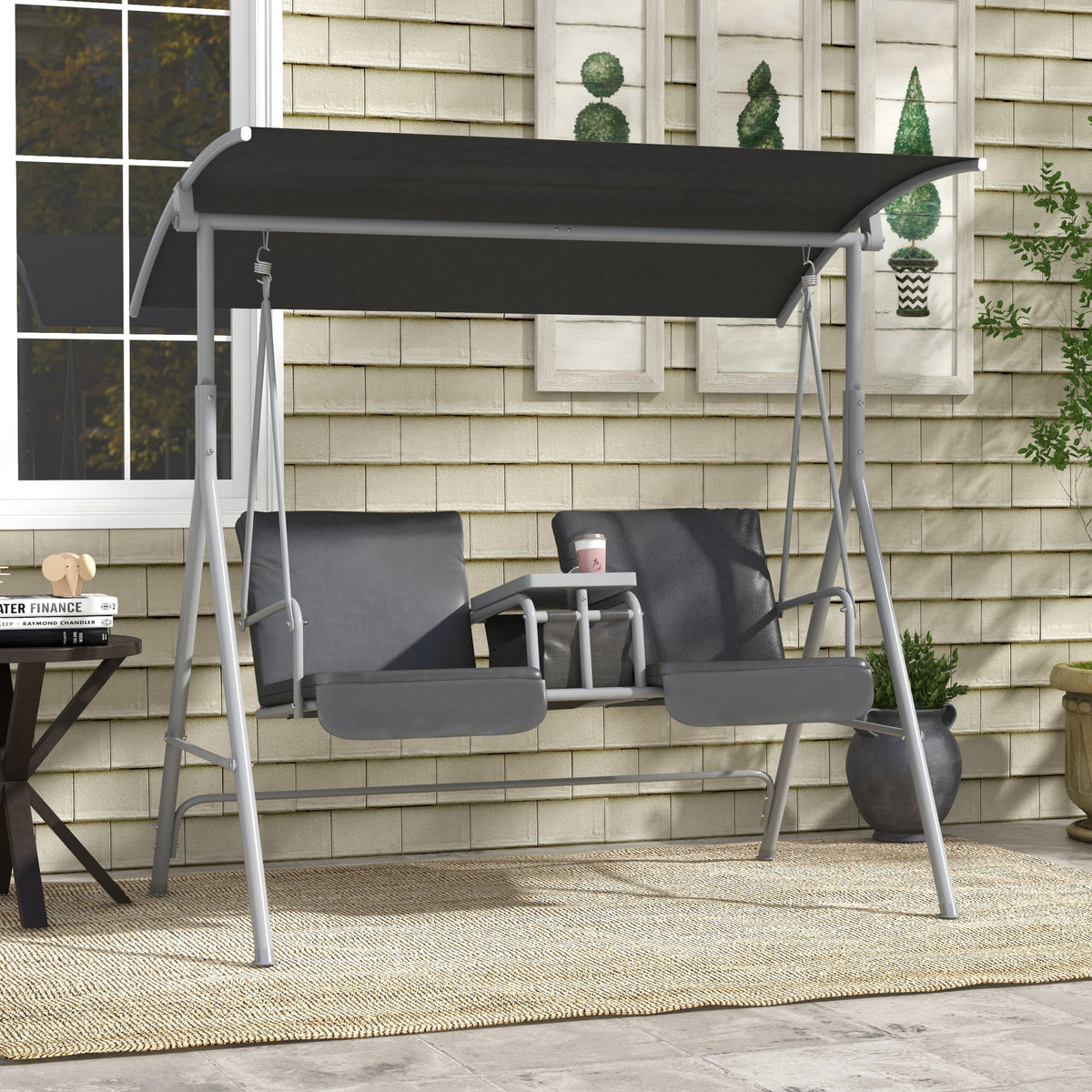 Hollywoodschaukel, 2-Sitzer, mit Dach und Tisch, Metallrahmen, bis 180 kg, 175x110x165 cm, Schwarz