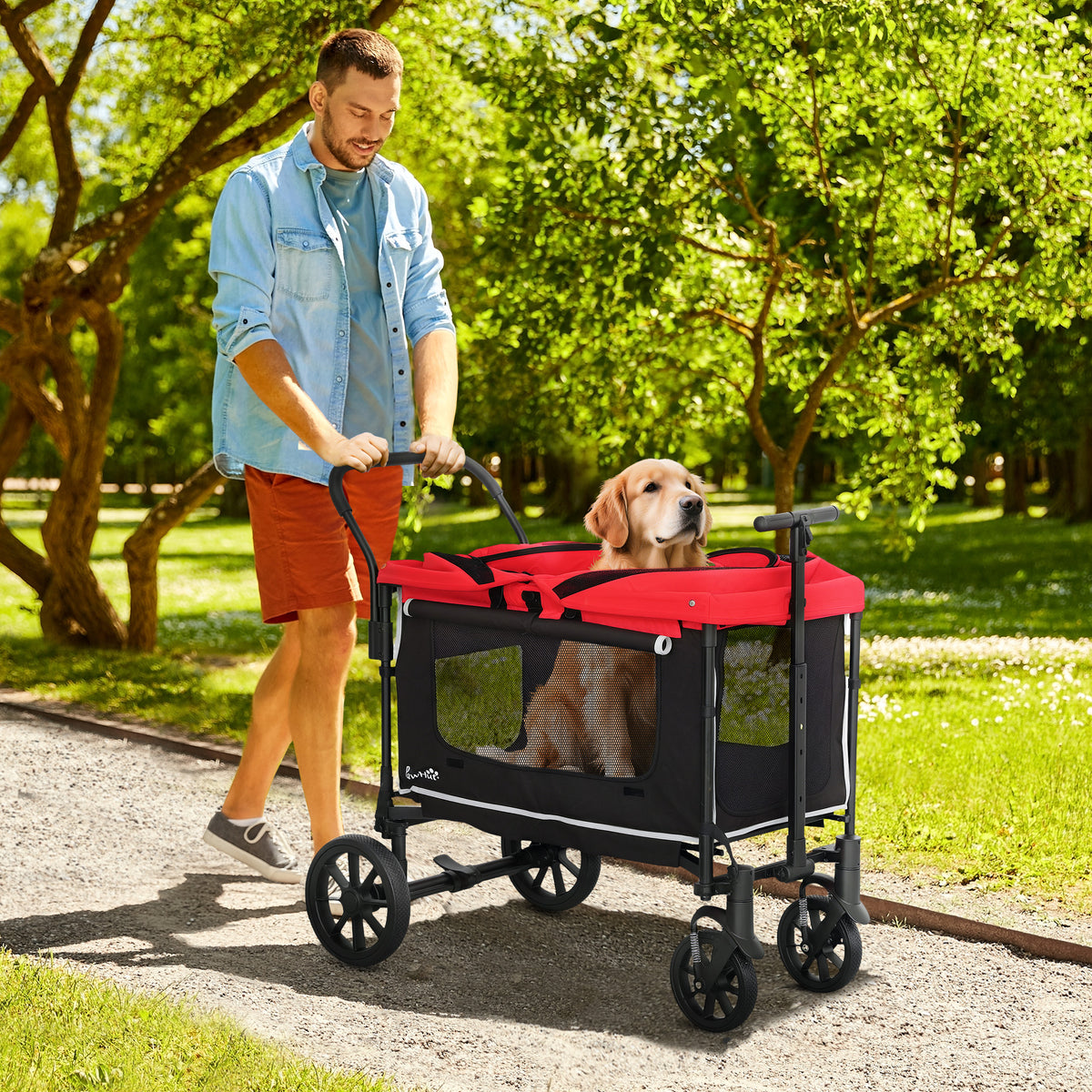 Hundewagen Hundebuggy klappbar für Hunde & Katzen bis 30 kg 110 x 65 x 102 cm Rot