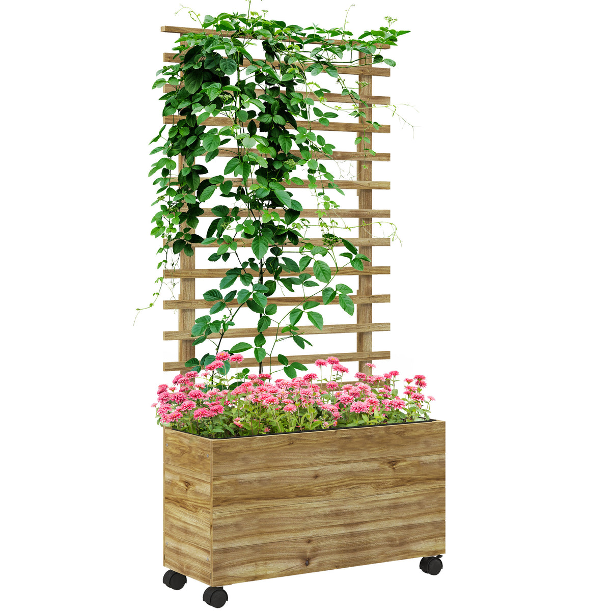 Wooden Raised Planter, with Back Trellis - Natural Finish