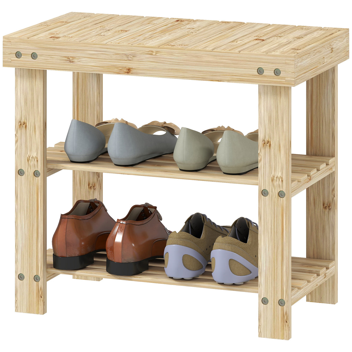 Two Shelf Bamboo Shoe Storage Bench - Natural Finish