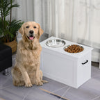 Raised Dog Bowls, with Storage, Two Stainless Steel Bowls, Elevated Base - White