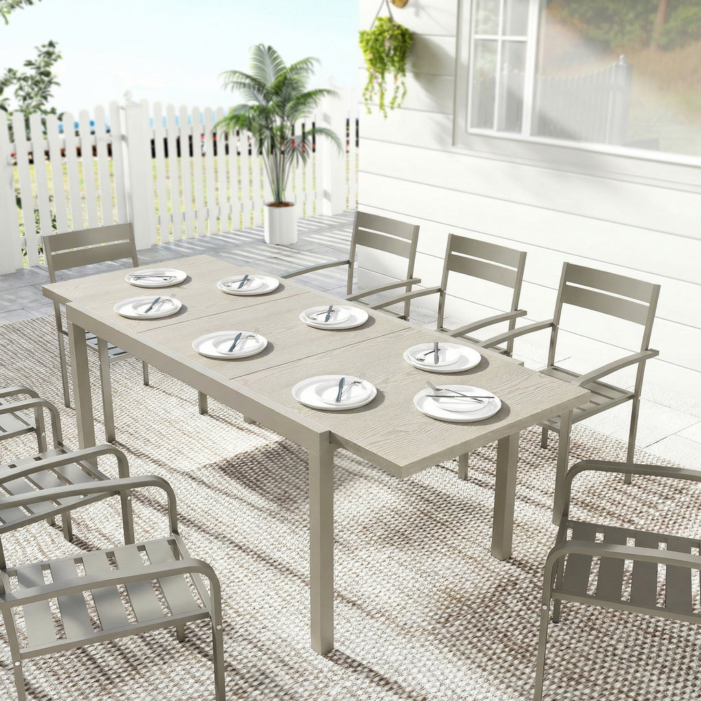 Extending Garden Table, Aluminium Outdoor Dining Table for 8-10 with Wood-Like Grained Surface, Light Grey Wood Effect