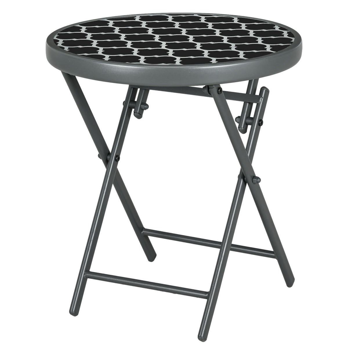 Φ45cm Garden Side Table, Outdoor Round Folding Patio Table with Imitation Marble Glass Top, Small Coffee Table, Black and White