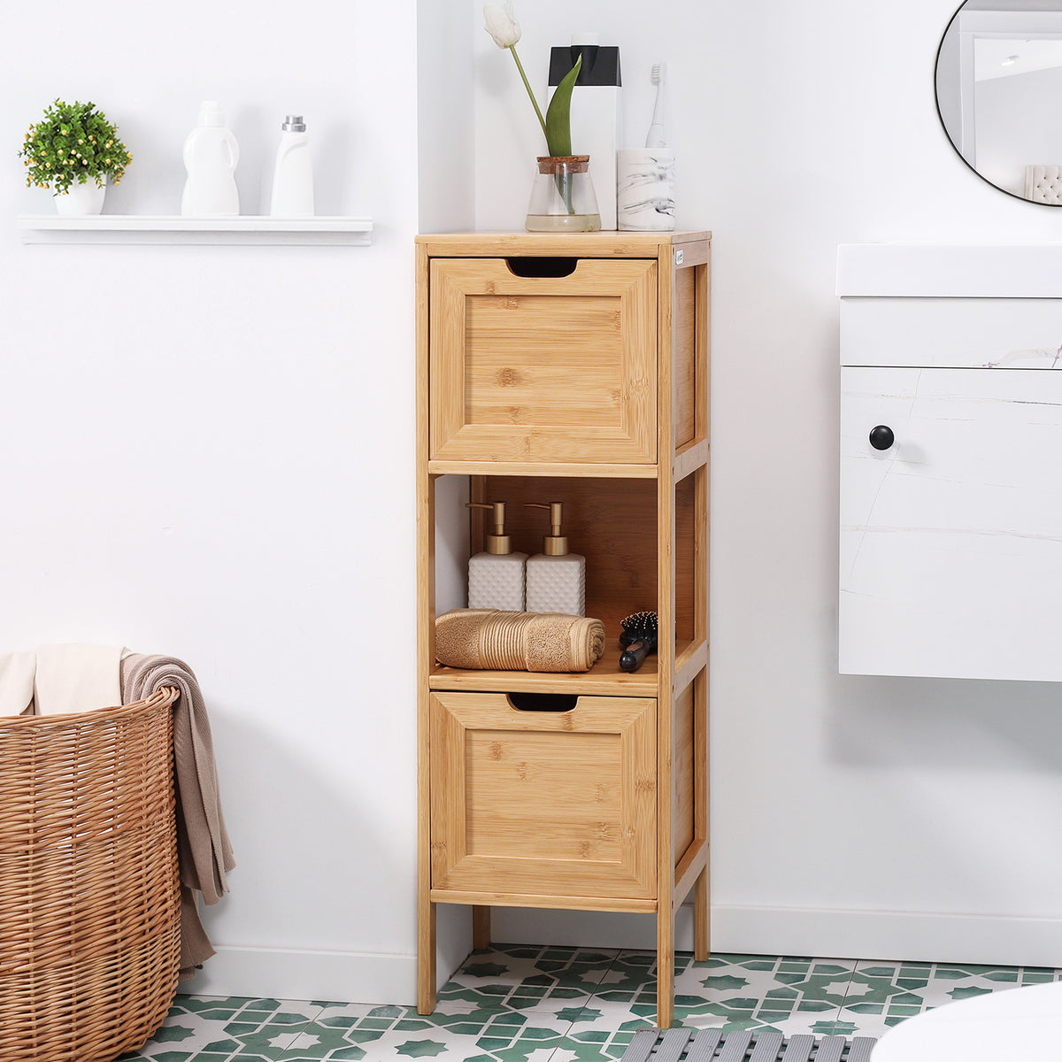 Badezimmerschrank aus Bambus, 1 Regal, 2 Schubladen, 30 cm x 30 cm x 90 cm; Natur