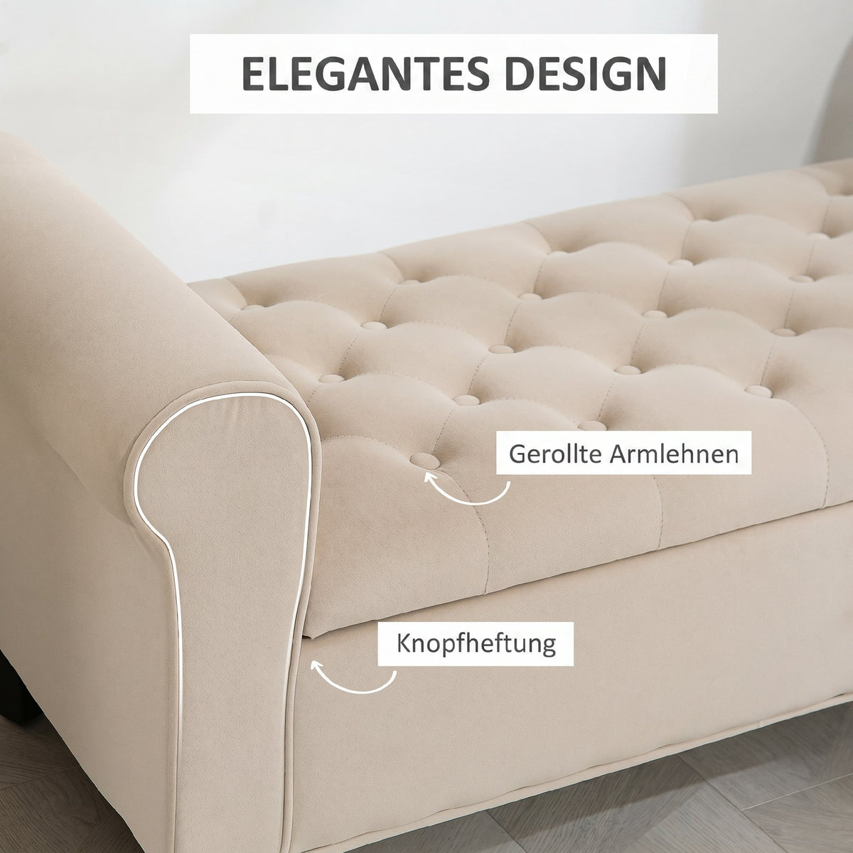 Sitzbank im Vintage-Design, Sitzbank mit Stauraum, Samtoptik, Beige