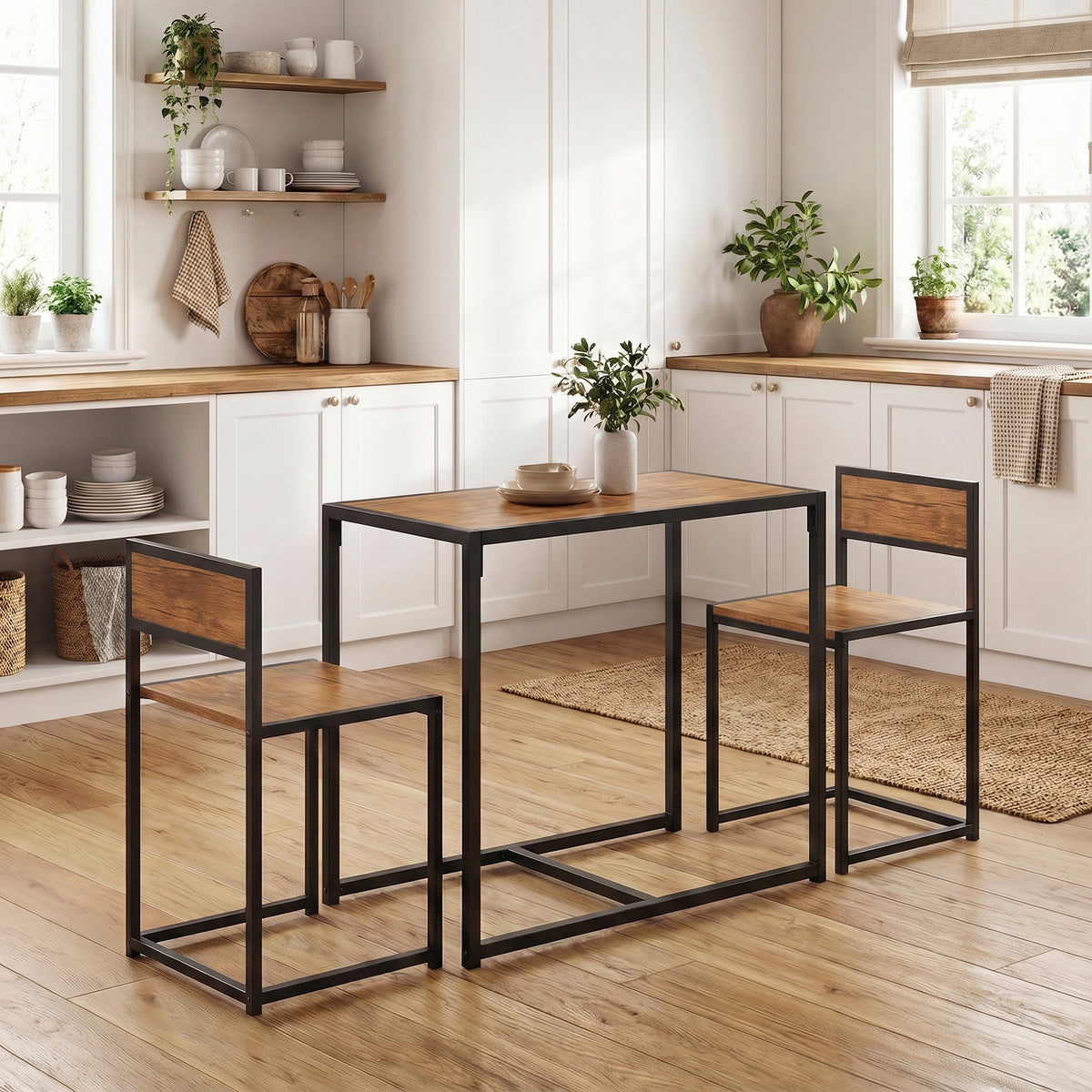 Dining Table and Chairs Set 2, Dining Room Sets, Rectangular Space Saving Table and 2 Chairs for Compact Kitchens, Steel Frame, Natural