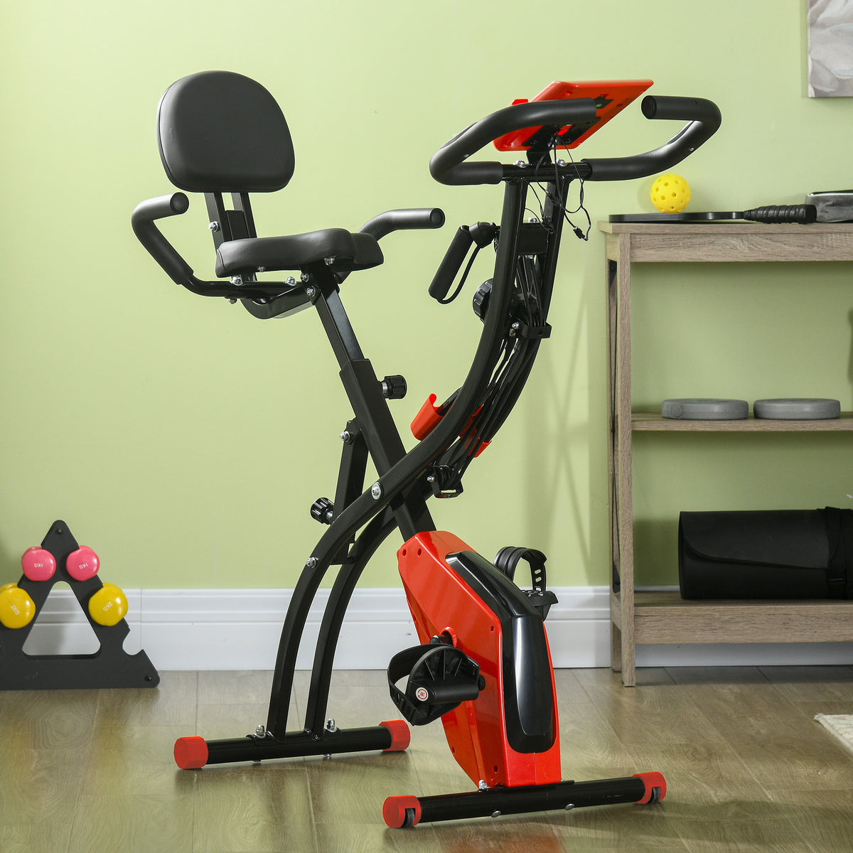 2-in-1 Folding Exercise Bike with 8-Level Magnetic Resistance, Arm Resistance Band, Pulse Sensor, Red