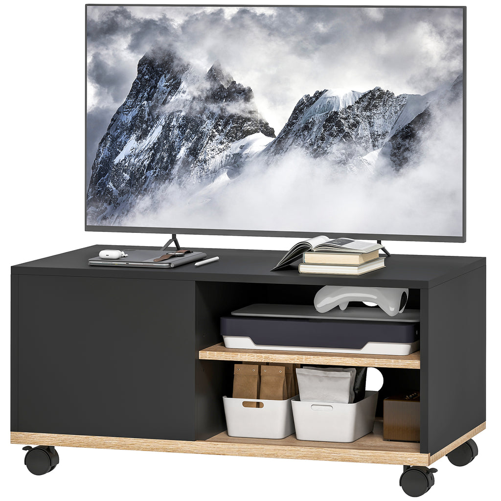 TV-Board auf Rollen mit Bremsen, TV-Möbel mit Schrank und verstellbarer Ablage, Schwarz und Eiche