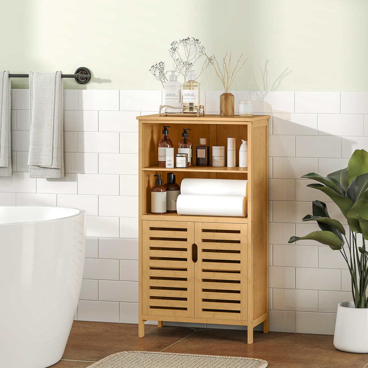 Badezimmerschrank aus Bambus, mit Lamellent¨¹ren, 2 Regale, 1 Schrank, 50?cm x 29?cm x 92?cm, Natur