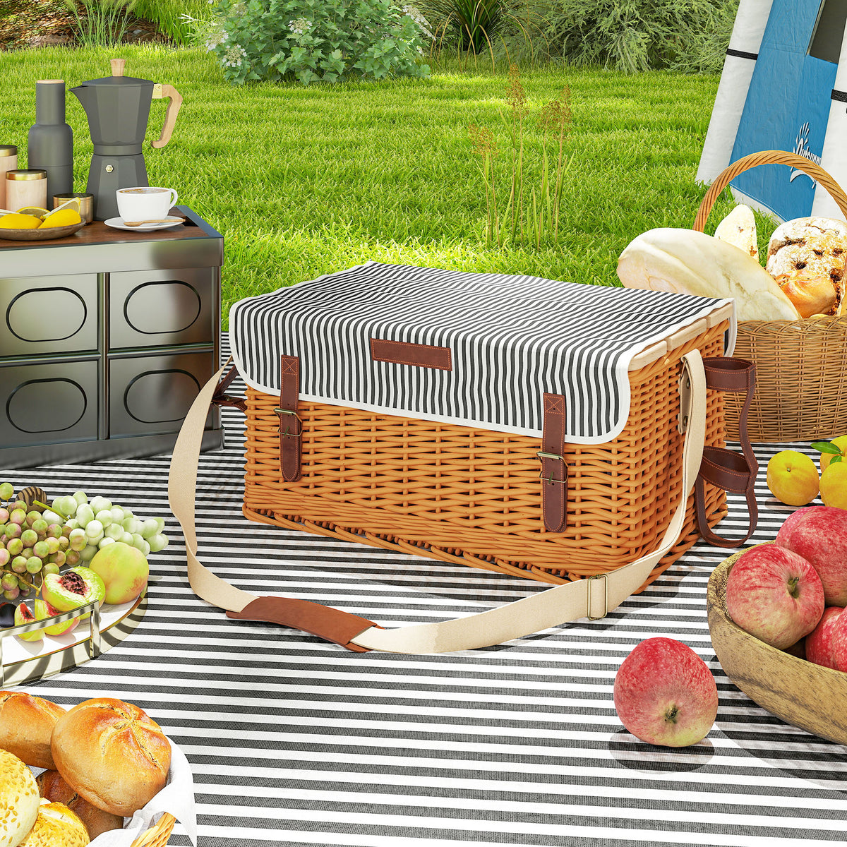 Picknickkorb aus Weidenholz Picknickkoffer für 4 Personen mit Picknickdecke Besteck Set, Flascheöffner Hellbraun