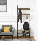 Garderobenständer Schuhregal Kleiderständer mit 8 Haken 2 Ablagen MDF Schwarz 72 x 34 x 185 cm