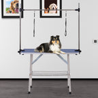 42" Dog Grooming Table, Adjustable Pet Cat Drying Beauty Table with 2 Loops Storage Basket, Rubber Top, Blue