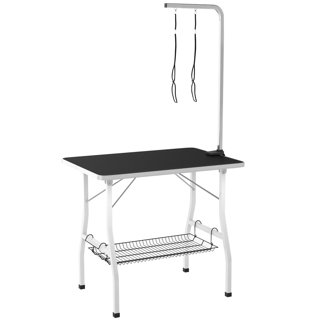 Hundepflegetisch, Frisiertisch mit einstellbarem Arm, Aufbewahrungsfach, Gummioberfläche, 90 x 60 x 76 cm, Schwarz