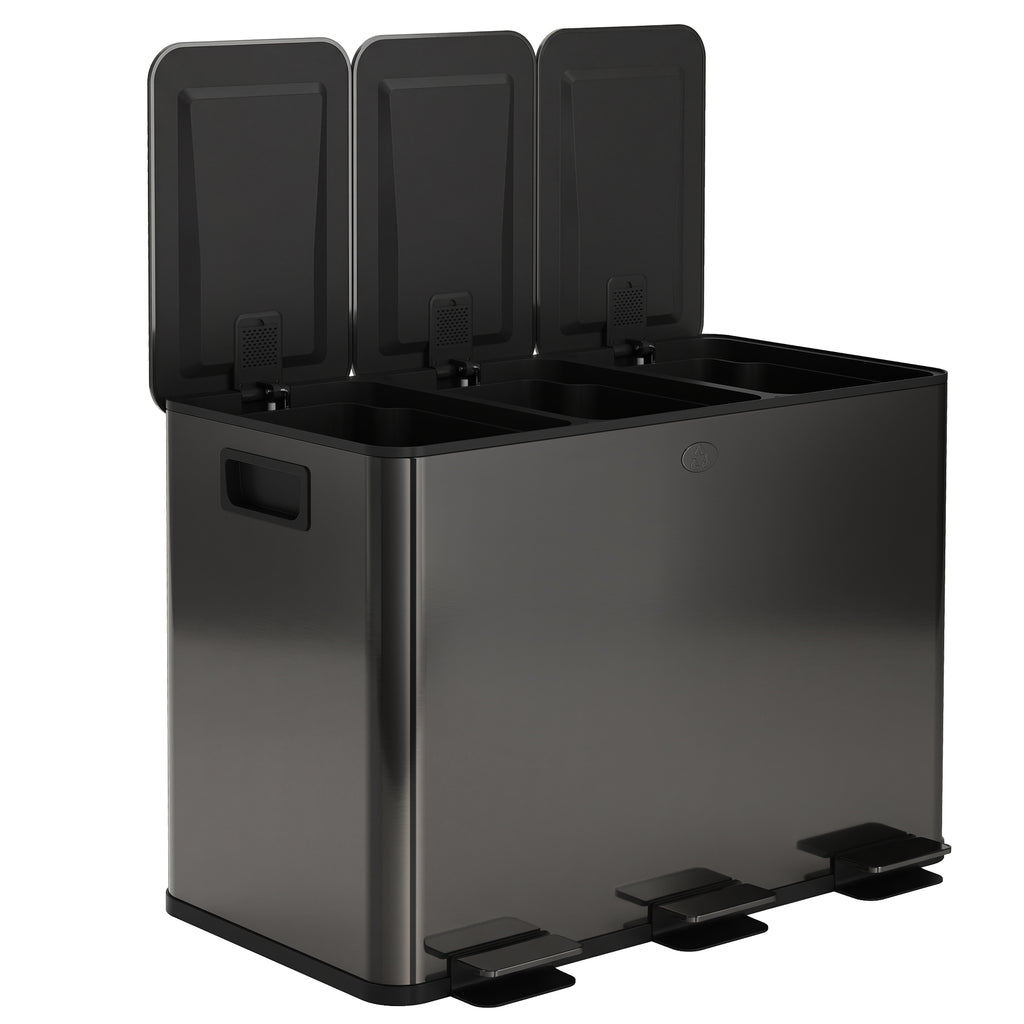3 x 15L Pedal Bin, Steel Triple Kitchen Bin with Soft Close Lid, Removable Inner Buckets, Fingerprint-Proof, Black