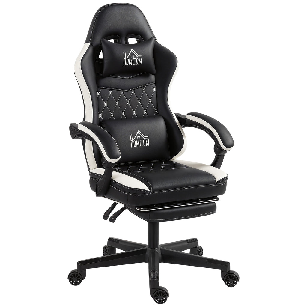 Gaming-Stuhl mit Fu?st¨¹tze, Computerstuhl mit Kopfst¨¹tze & Kissen, Kunstleder-Bezug, drehbar, h?henverstellbar, Metall, Kunststoff, Schwarz+Wei?