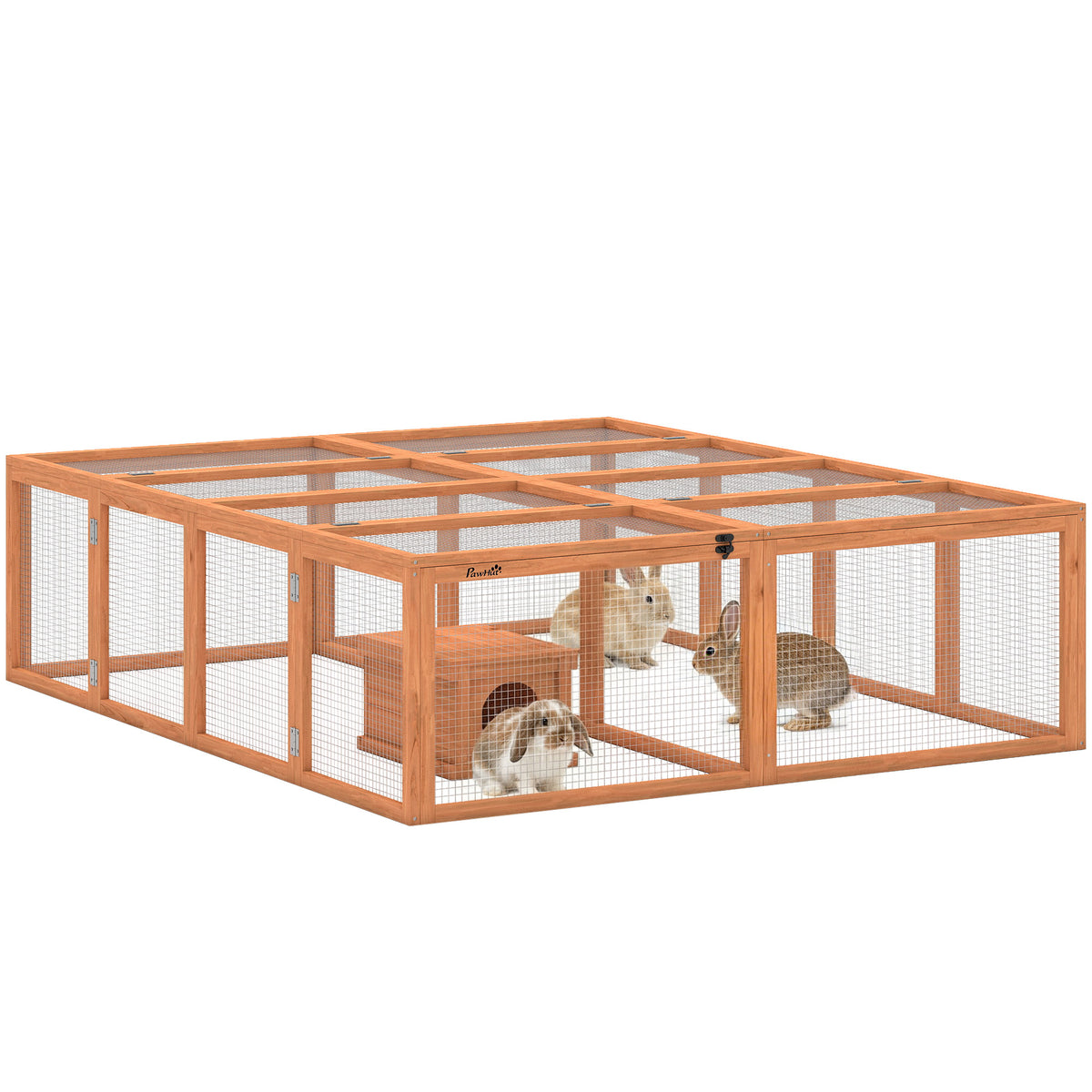 Freilaufgehege Kaninchenstall aus Holz mit 2 Türen Unterschlupfhaus für 2-4 Zwergkaninchen 180,4 x 150 x 48 cm Orange