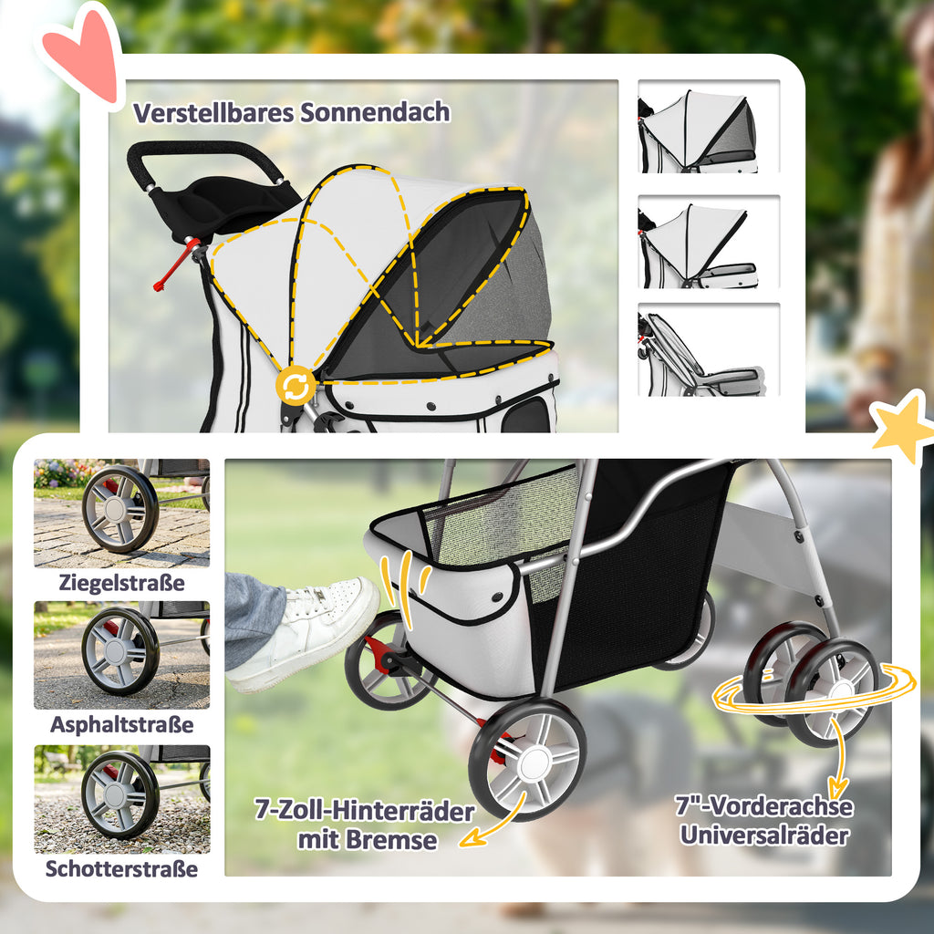Dog Pram, Pet Stroller with Reflective Strips, Foldable Cat Stroller with 360° Swivel Wheels, Grey