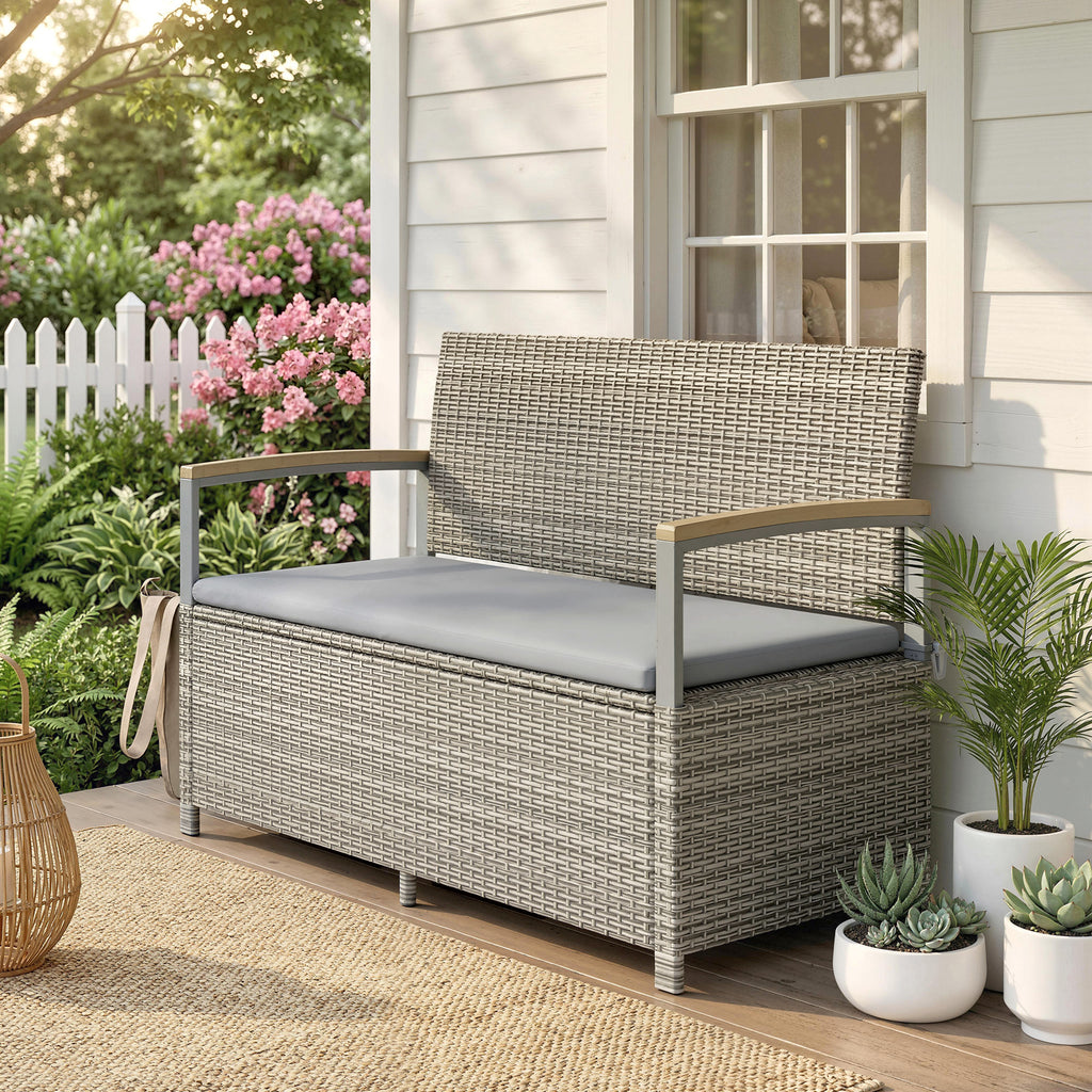 Gartenbank Polyrattan 170L 2-Sitzer Sitzbank mit Stauraum abnehmbar Kissen Reißverschluss-Innenauskleidung Holz-Armlehne