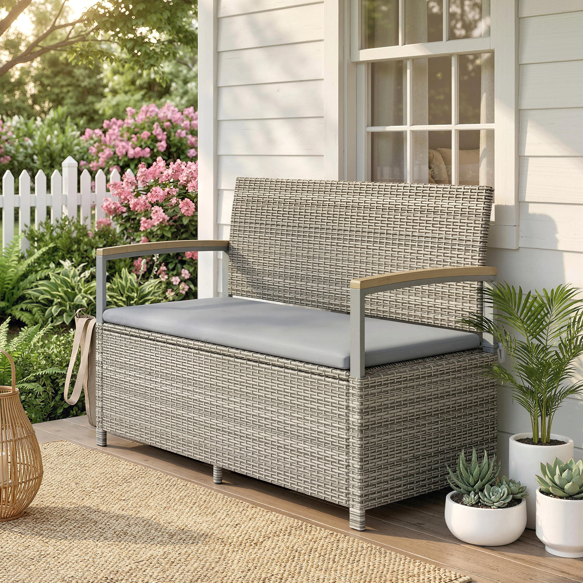 Gartenbank Polyrattan 170L 2-Sitzer Sitzbank mit Stauraum abnehmbar Kissen Reißverschluss-Innenauskleidung Holz-Armlehne