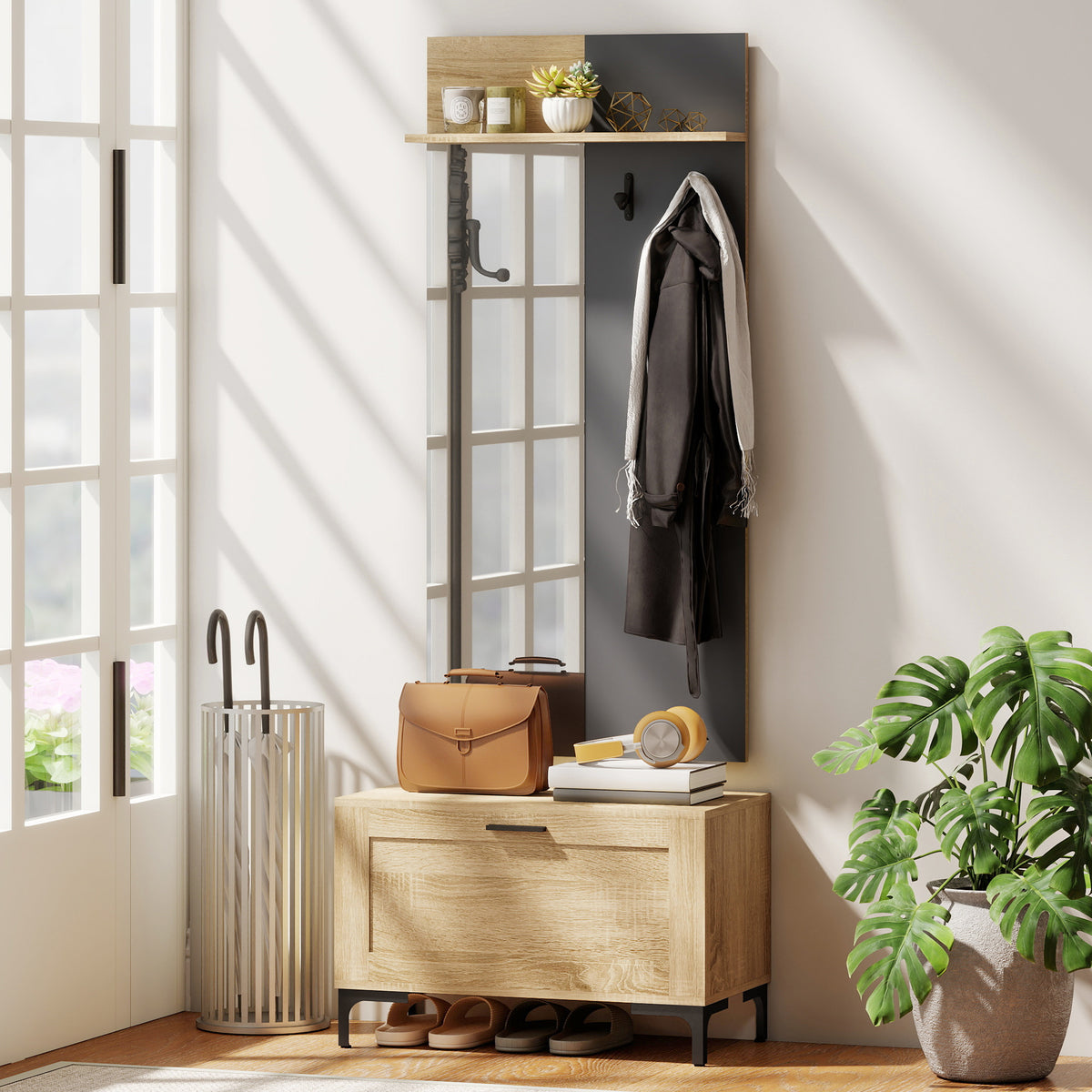 Garderobenset für Eingangsbereich, Schuhbank, Spiegel, 3 Haken, Offenes Regal, Flurmöbel, Naturholz+Grau