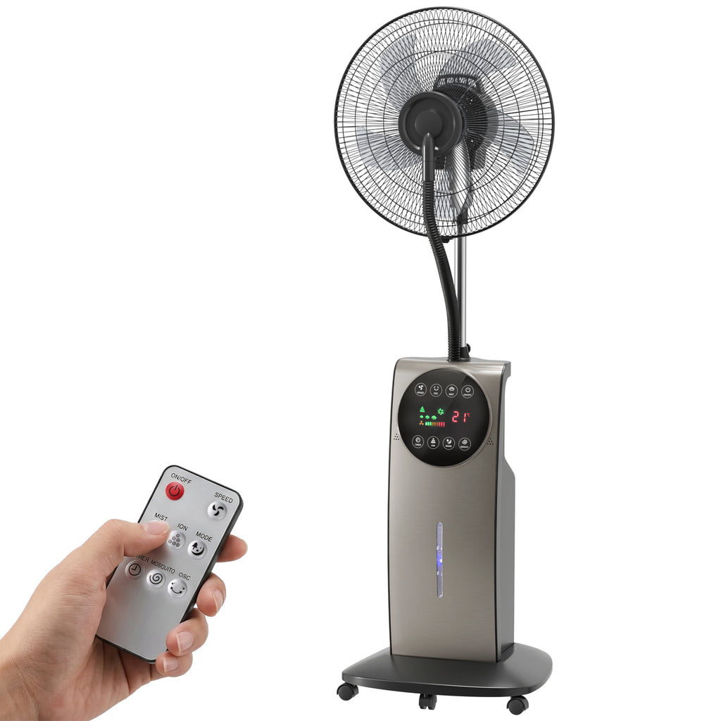 Sprühnebelventilator mit Fernbedienung, Standventilator mit Wassernebel, 70° Oszillation, 3 Geschwindigkeiten, 3 Modi, 3,1L Wassertank