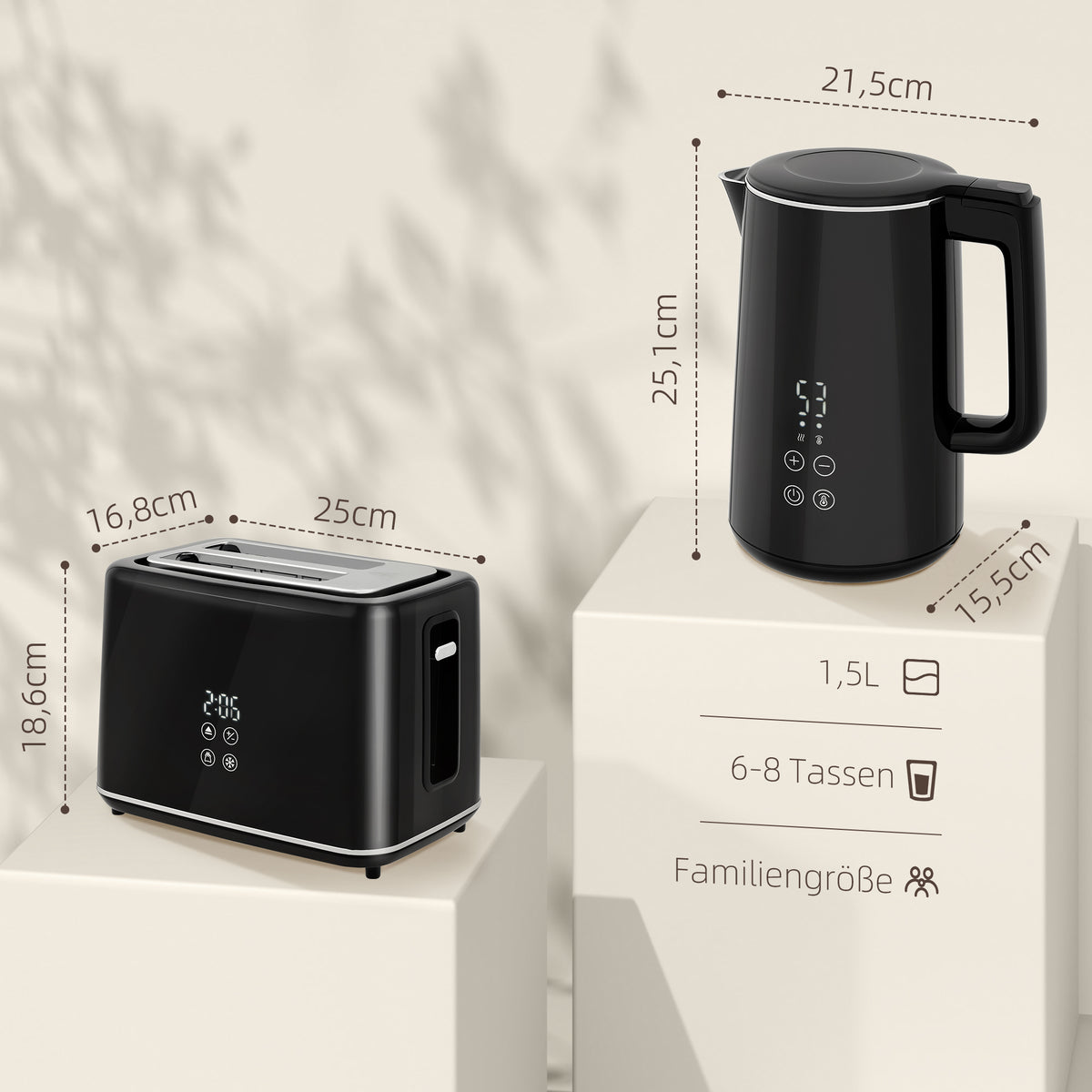 K¨¹chenset mit Wasserkocher und Toaster, 7 Br?unungsstufen, schnelles Kochen, Edelstahl, Kunststoff, Schwarz