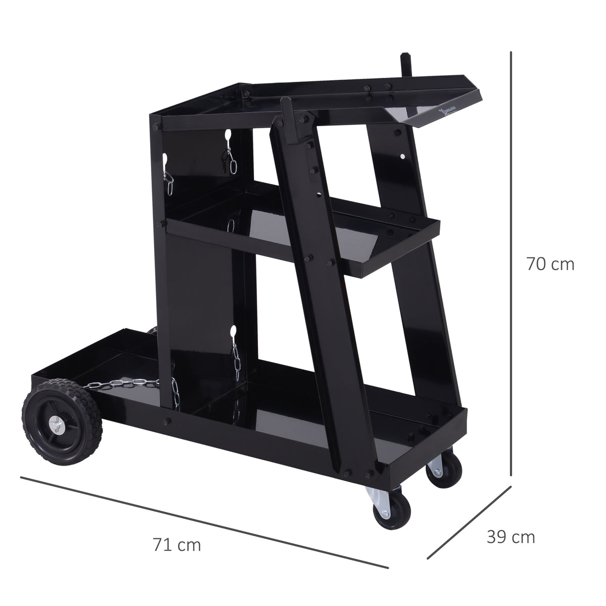 Schwei?wagen, 3 Ablagen, Sicherheitskette, 4 R?der, Stahl, 71 x 39 x 70cm, Schwarz