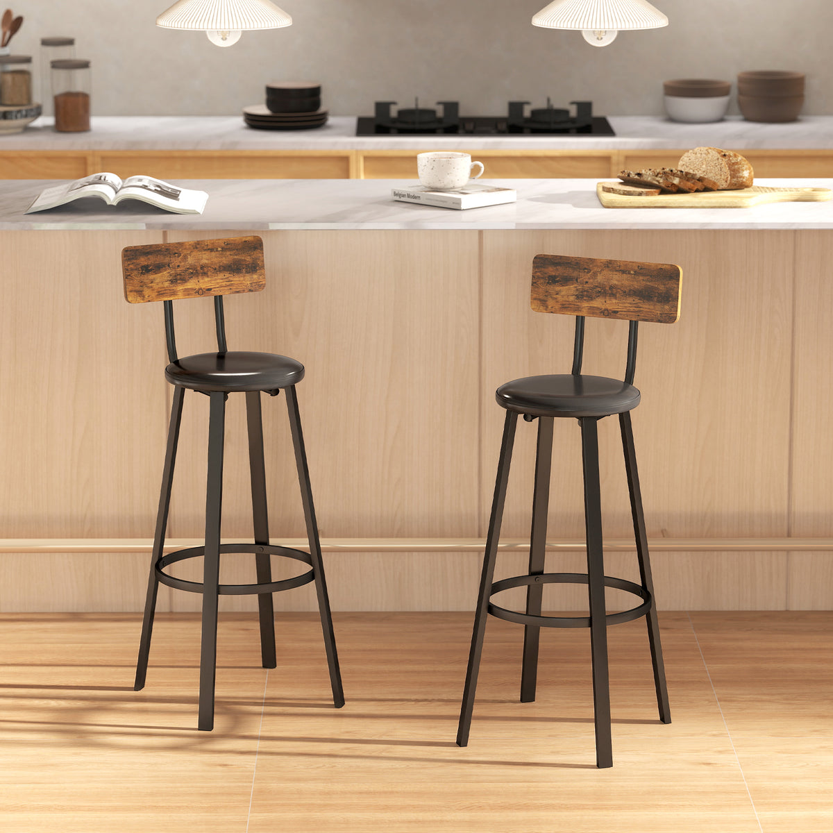 Set of Two Industrial-Style Bar Stools - Brown/Black